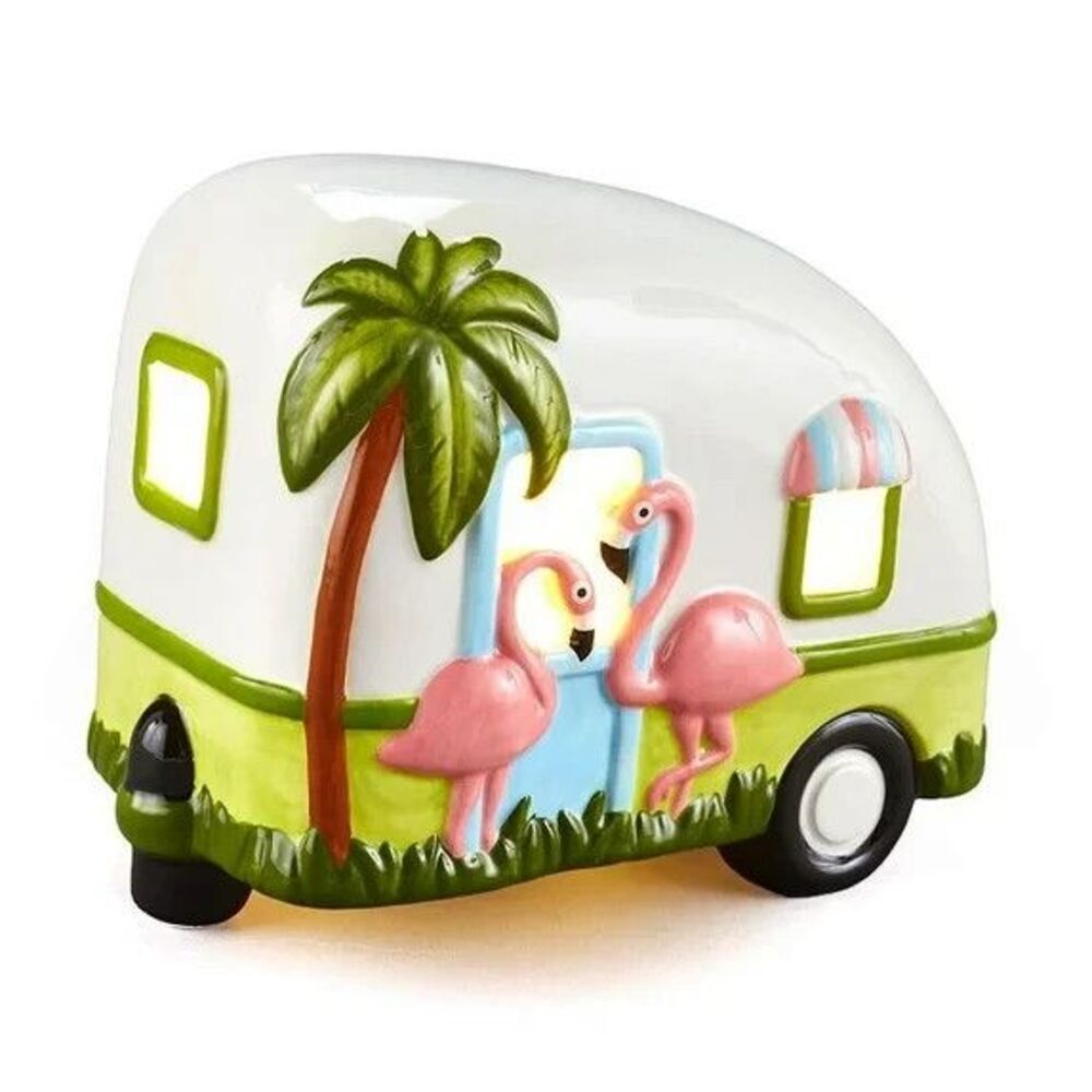 Lighted Camper Accent Lamp Retro Pink Flamingos Palm Tree Battery Operated NEW